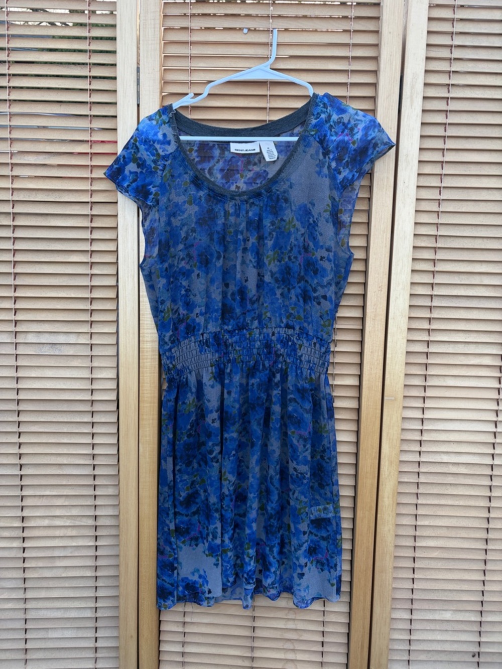 DKNY Blue Floral Short-Sleeve Smocked Waist Dress